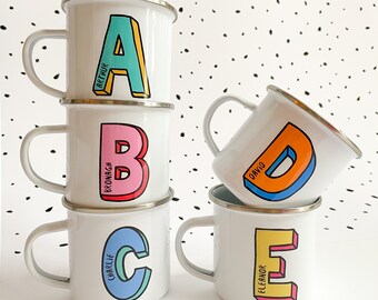 Personalised Colourful Initial Letter Name Enamel Mug With Bright Colours and Name