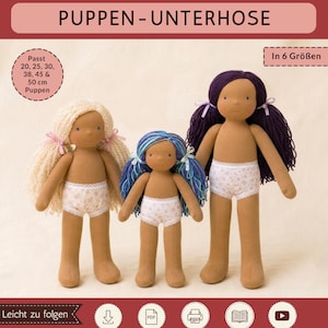Könnte beinhalten: Ein PDF-Schnittmuster für Puppenunterhosen von Sami Dolls. Das Cover zeigt drei Stoffpuppen unterschiedlicher Größe in weißen, geblümten Unterhosen mit Spitzenbesatz. Text: "Sami Dolls", "PUPPEN-UNTERHOSE", "Passt 20, 25, 30, 38, 45 & 50 cm Puppen".