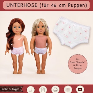 May include: Two dolls with long hair wearing white underwear with a small pink floral pattern, alongside a separate pair of the same floral underwear. The text reads Sami Dolls, UNTERHOSE (für 46 cm Puppen), and Für Sami Amelie & 46 cm Puppen.