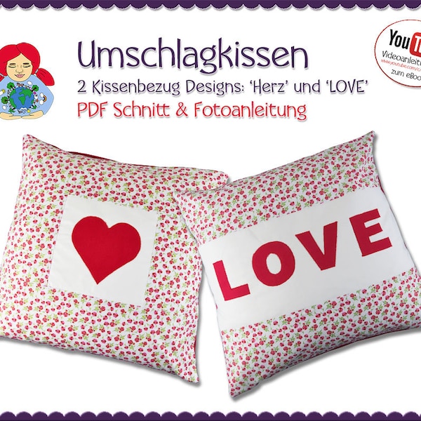 Envelope pillow 2 pillowcases 'Heart' and 'Love' • pattern & instructions PDF | Sami Dolls eBooks