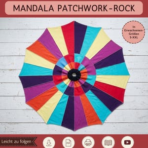 Puede incluir: Una falda circular de patchwork con un vibrante patrón de mandala con paneles alternos de tela roja, naranja, amarilla, turquesa y morada. La falda tiene una cintura elástica negra en el centro. El texto incluye Sami Dolls, Mandala Patchwork-Rock y In Erwachsenen-Größen S-XXL.