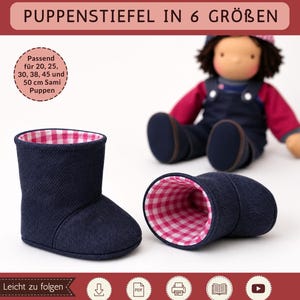 May include: A digital pattern for doll boots by Sami Dolls, featuring dark blue fabric boots with a pink and white checkered lining. The image includes text indicating the pattern fits 20, 25, 30, 38, 45, and 50 cm dolls, along with icons for download, PDF, print, written instructions, and video tutorials.