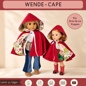 Könnte beinhalten: Zwei Puppen tragen rote Umhänge mit Kapuze und weißen Bindebändern. Die Umhänge haben ein Innenfutter mit Pilz- und Blattmotiven. Der Text umfasst Sami Dolls, WENDE-CAPE, Für 34 & 46 cm Puppen sowie Symbole für PDF, Drucken und Videoanleitungen.
