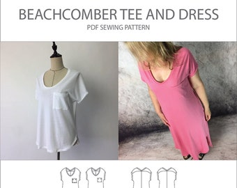 Trish Newbery Design - T-shirt et robe Beachcomber - XXS-2XL - Patron de couture PDF - Avec empiècement au dos et poche plaquée