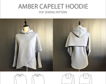 Trish Newbery Design - Amber Capelet Hoodie - XXS to 4XL - PDF Sewing Pattern - Cross Body Cape Overlay Hooded Sweatshirt