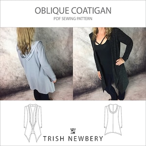 Puede incluir: La imagen muestra un abrigo tipo cárdigan con capucha gris claro y un abrigo tipo cárdigan gris oscuro. El texto "OBLIQUE COATIGAN PDF SEWING PATTERN" está en la parte superior. Debajo hay dibujos lineales del abrigo y el texto "TRISH NEWBERY".