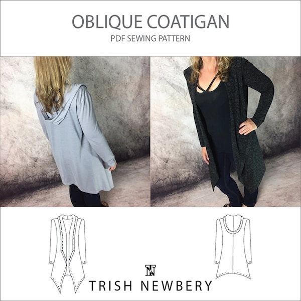 Trish Newbery Design - Oblique Coatigan - XXS-3XL - PDF Sewing Pattern - Draped Front Longline Cardi Coat with Grown On Shawl Collar