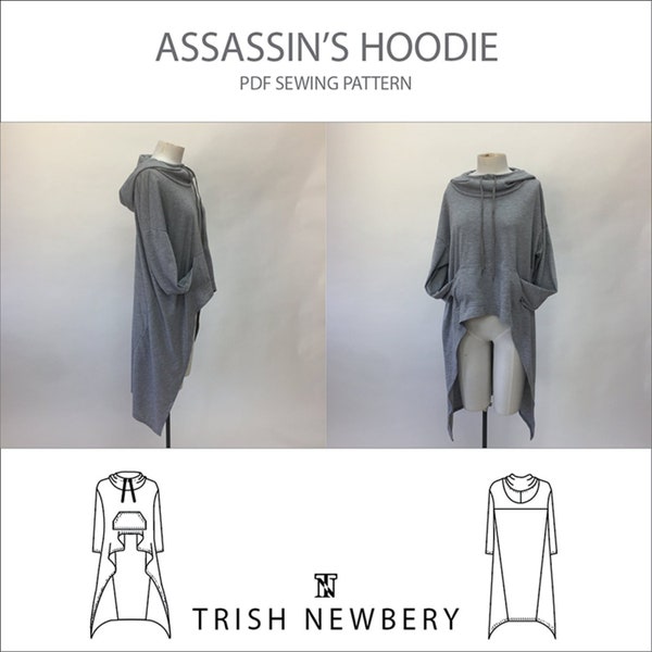 Trish Newbery Design - Sweat à capuche Assassins - XS-XL - Patron de couture PDF - Hi Lo Hem Cutaway Sweat ample à capuche