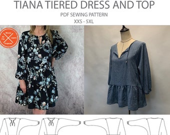 Trish Newbery Design - Tiana Tiered Dress and Top - XXS-5XL - PDF Sewing Pattern - Billow Sleeves, Gathered skirt & V Neck