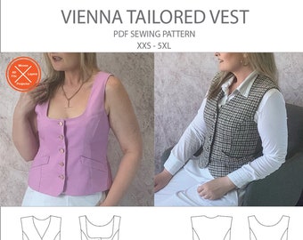 Trish Newbery Design - Vienna Tailored Vest Waistcoat - XXS-5XL - PDF Sewing Pattern - With Contrast Collar Detail - with YouTube SewALong