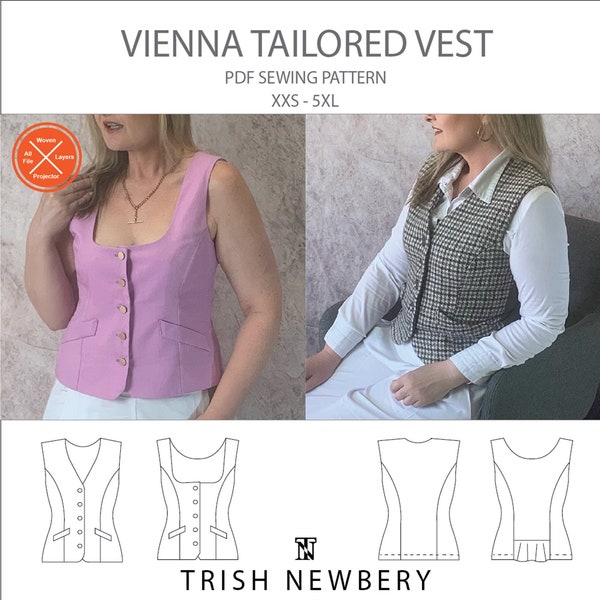 Trish Newbery Design - Vienna Tailored Vest Waistcoat - XXS-5XL - PDF Sewing Pattern - With Contrast Collar Detail - with YouTube SewALong