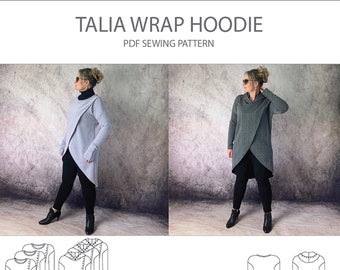 Trish Newbery Design - Talia Wrap Hoodie - Pattern #2030 - PDF Sewing Pattern - Drop Shoulder Crossover Sweater with Hood Option