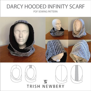 May include: A sewing pattern for a hooded infinity scarf. The pattern includes instructions and diagrams for creating a hooded scarf with a plaid fabric. The pattern is titled "Darcy Hooded Infinity Scarf" and is a PDF sewing pattern.