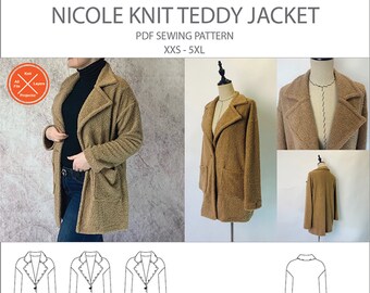 Trish Newbery Design - Nicole Knit Teddy Jacket - XXS-5XL - Patron de couture PDF - Non doublé - 3 options de poche