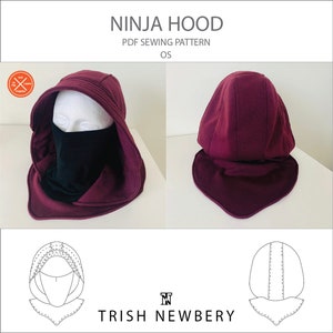 May include: A burgundy hooded cowl sewing pattern for a ninja hood. The pattern is for one size and is available as a PDF download. The image shows the hood in two different views, one with the hood up and the other with the hood down.