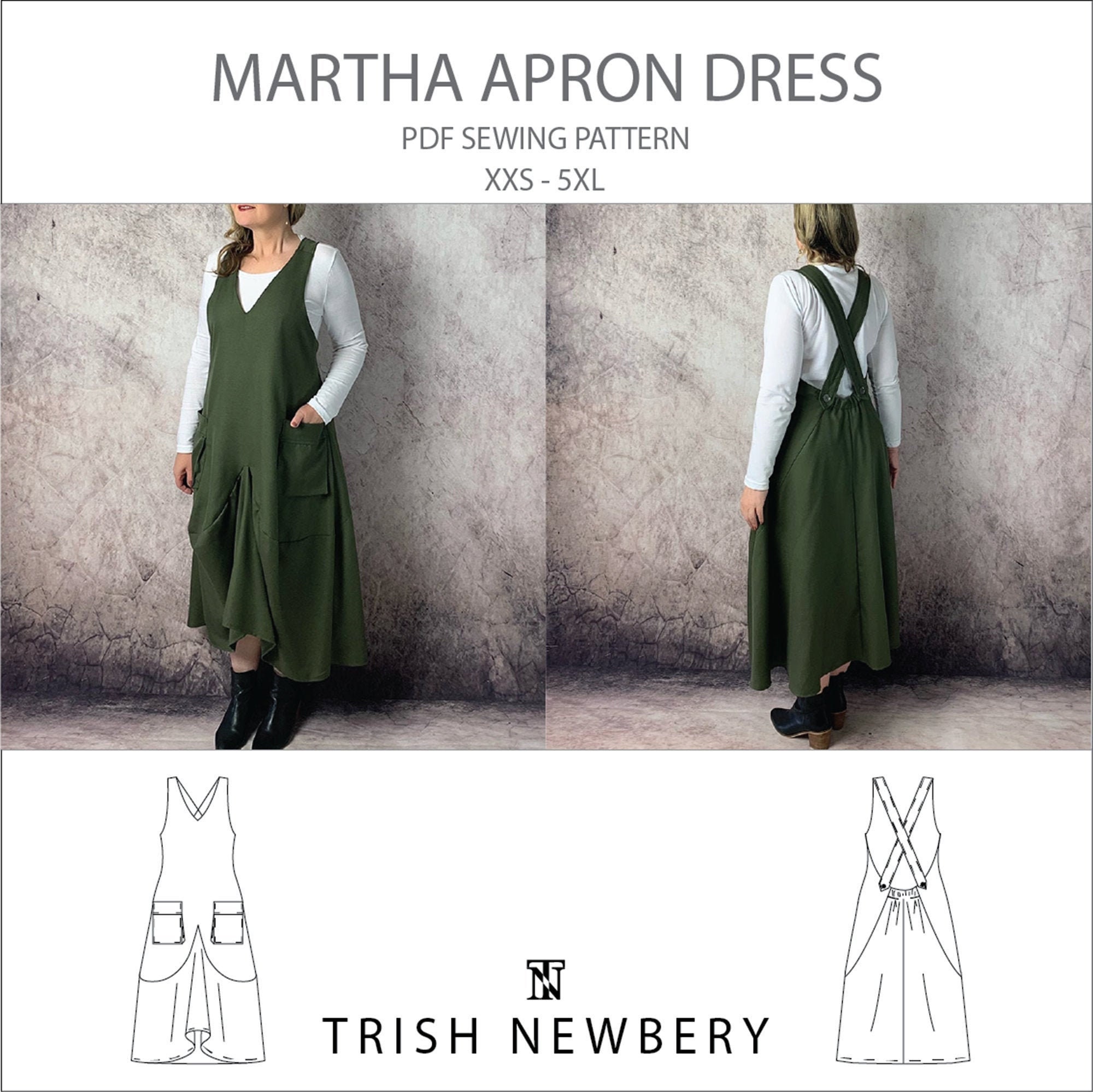 Trish Newbery Design Martha Apron Dress XXS-5XL PDF Sewing Pattern With Liftaway Patch Pockets and Crossover Button Back - Etsy Trish Newbery Design Martha Apron Dress XXS-5XL PDF Sewing Pattern With Liftaway Patch Pockets and Crossover Button Back - Etsy
