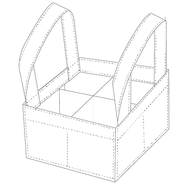 May include: A black and white line drawing of a six-pack bottle carrier with two handles. The carrier has a square base and is divided into six compartments.