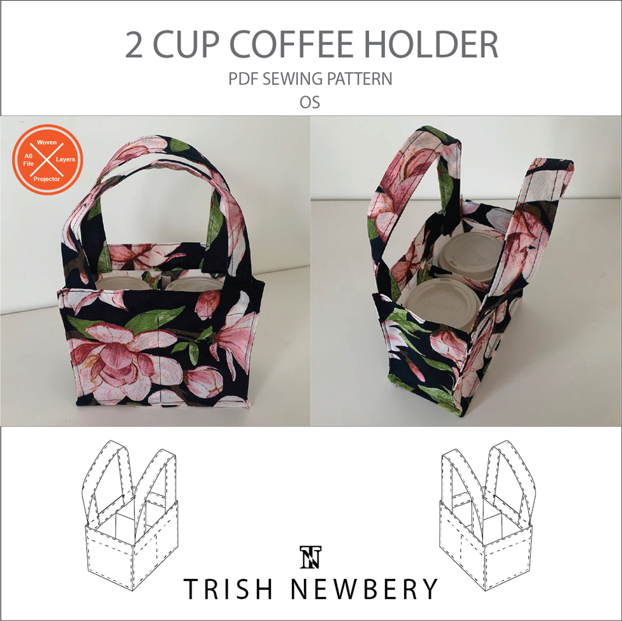 Trish Newbery Design - Reusable Coffee Holder Tote Bag - 2 Cup - PDF Sewing  Pattern - With Youtube Sewalong - Etsy