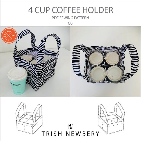 Trish Newbery Design - Reusable Coffee Holder Tote Bag - 4 Cup - PDF Sewing Pattern - with YouTube Sew-a-long