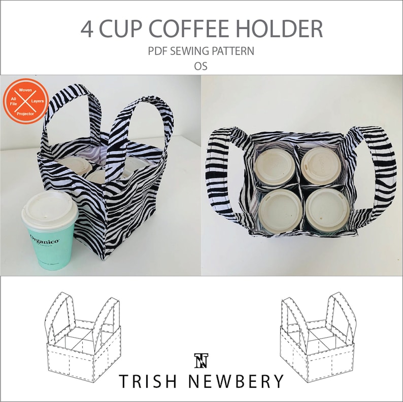 May include: A black and white striped fabric coffee cup holder with two handles. The holder is designed to carry four cups of coffee. The holder is shown with four empty coffee cups inside. The image also includes a line drawing of the holder.