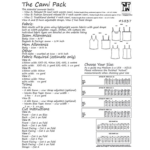 Pattern 1837 The Cami Pack Sewing Pattern - Fashion Forward V Neck