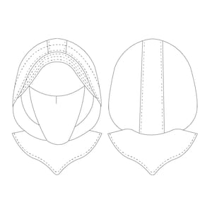 May include: Line drawing of a hooded garment with a wide collar. The front and back views are shown. The hood has a seam down the center and the collar has a scalloped edge.