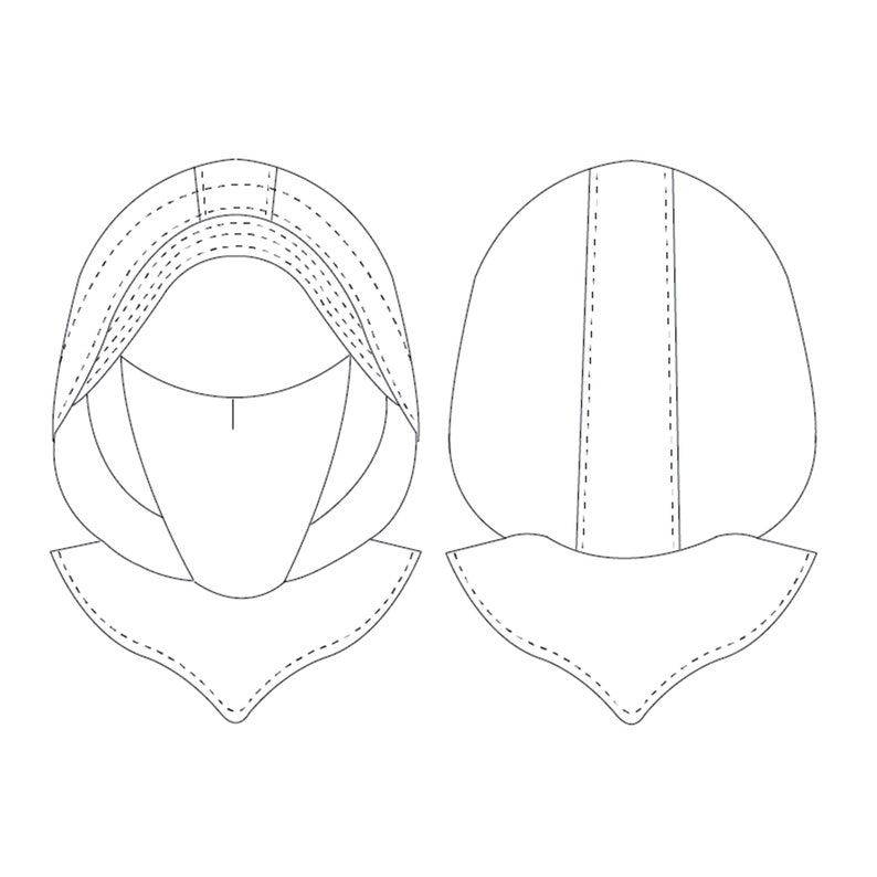 May include: Line drawing of a hooded garment with a wide collar. The front and back views are shown. The hood has a seam down the center and the collar has a scalloped edge.