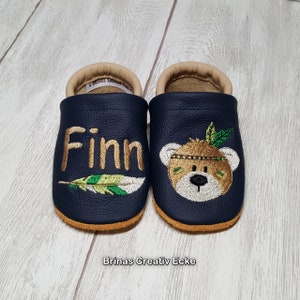 Krabbelschuhe, Lederpuschen,  Bär Federn ,mit Namen