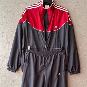 Vintage Authentic Adidas Men&#39;s Tracksuit 3 Stripes / Streetwear Adidas Style 90s Sport Jacket Pants Small Logo Size L Color Gray Red