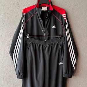 Vintage Authentic Adidas Men&#39;s Tracksuit 3 Stripes / Streetwear Adidas Style 90s Sport Jacket Pants Small Logo Size XL Color Gray Red