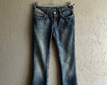 Vintage Dolce Gabbana Mujer Bootcut Jeans con Logo de Cuero D&G Tamaño 25 Color Azul