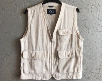 Vintage VIP PLAYBOY Collection Heren Multi-Pockets Vest Maat M Kleur Beige Wit