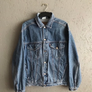 Vintage 90s Levi&#39;s Strauss & Co Denim Jacket / Rare Men&#39;s Bomber Jacket Levi&#39;s USA With Buttons Size M-L Color Clear Blue