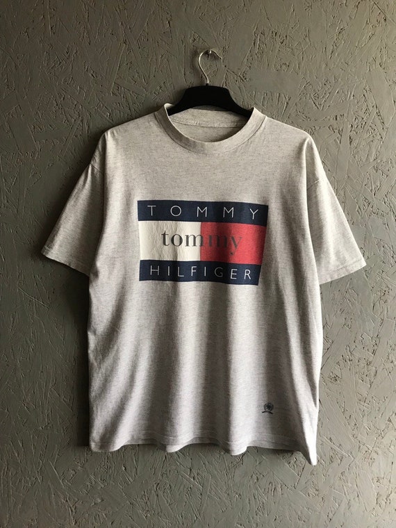 Vintage 90s Tommy Hilfiger Men s T shirt Rare TOMMY HILFIGER USA Big Logo Size L xl Gray Color Etsy