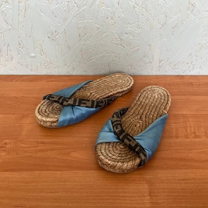 Rare Fendi ROMA Braided Cotton Fiber Summer Beach Slippers Size 41 Color Blue Brown