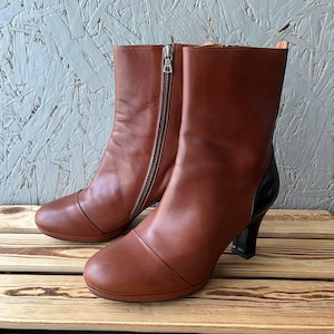 Vintage Dries Van Noten Leather Boots Size 36 Brown Black Colorblock Heeled Ankle Boots Archival Runway Avant Garde Mid Calf Boots