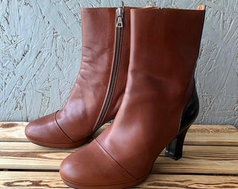 Vintage Dries Van Noten Leather Boots Size 36 Brown Black Colorblock Heeled Ankle Boots Archival Runway Avant Garde Mid Calf Boots