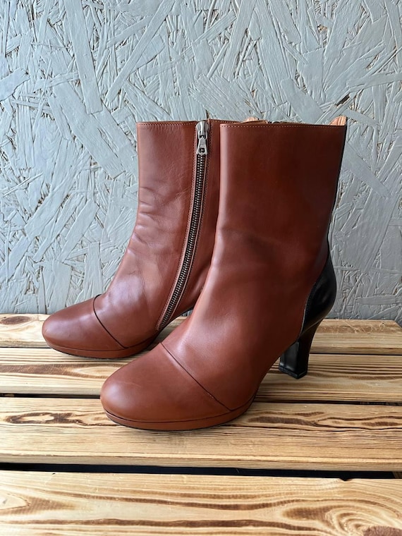 Dries Van Noten, Vintage Dries Van Noten Leather Boots Size 36 Brown Black Colorblock Heeled Ankle Boots Archival Runway Avant Garde Mid Calf Boots