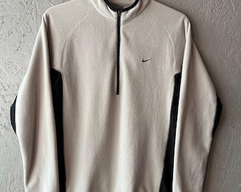 Vintage Nike Therma-Fit Men's 1/4 Zip Fleece Pullover Embroidered Swoosh Small Logo Size L(M) Color Beige Black