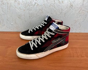 Vintage Yk2 Golden Goose Deluxe Brand *GGDB Property* Slide High Top Sneakers Shoes Unisex Size 41 Plaid Red Black