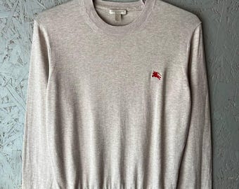 Jersey de algodón Burberry Brit para hombre, talla M(S), color beige, con logo de caballero ecuestre rojo, jersey de cuello redondo de diseñador auténtico, estilo minimalista de lujo.