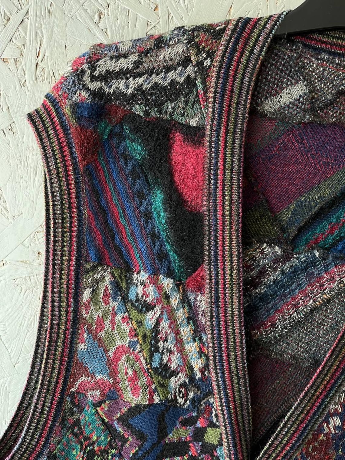 Vintage MISSONI Patchwork Knit Vest Made in Italy Size 54 | Mohair Alpaca Wool Blend Cardigan Sleeveless Sweater | Archive Designer Knitwear, foto 3 di 5