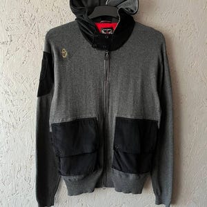 LUKE United Kingdom Men&#39;s Sweater Hooded with Corduroy Pockets Embroidered Small Logo Size L Color Gray Black