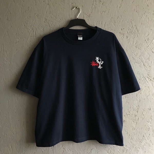 T-shirt da uomo vintage anni '90 STUSSY Outdoor / Rare Big Small Logo Stussy Jazz Man Sassofono Taglia XL-XXL Colore Blu