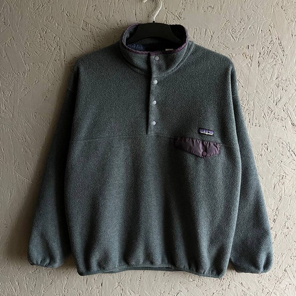 Vintage Patagonia Synchilla Men's Fleece Pullover Buttons and Сhest Pocket Small Logo Size L Color Gray Green