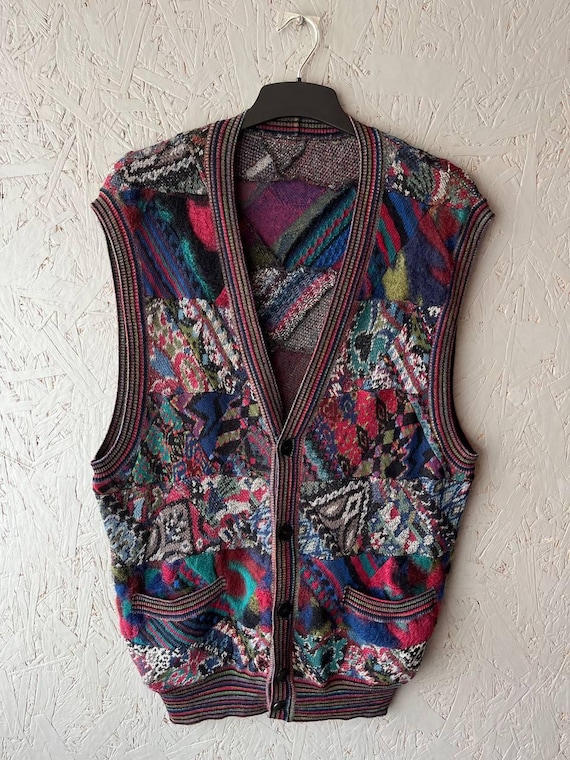 Vintage MISSONI Patchwork Knit Vest Made in Italy Size 54 | Mohair Alpaca Wool Blend Cardigan Sleeveless Sweater | Archive Designer Knitwear