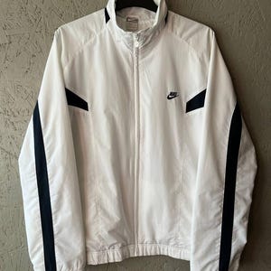 Vintage Yk2 Nike Men&#39;s Sportswear Zip Track Jacket Embroidered Swoosh Logo Size XXL Color White Navy