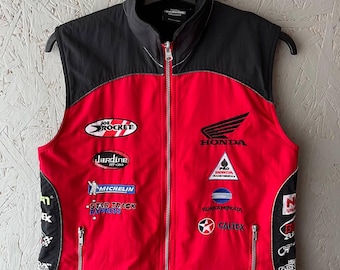 Vintage Honda Racing HRC Vest Red Black Embroidered Moto Team Gilet Women's L / Men's S Racing Core Y2K Motorcycle Sponsor Patch Bodywarmer