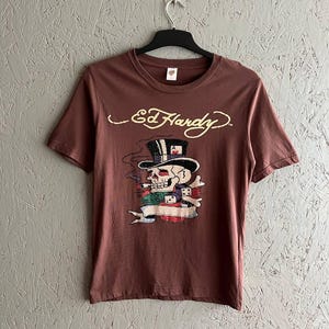 YK2 Ed Hardy Hollywood Women&#39;s Design T-Shirt Big Print Tattoo Old Skull Size L Color Black