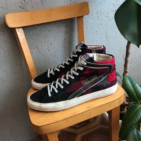 Vintage Golden Goose Deluxe Brand *GGDB Property* Slide High Top Sneakers Red Black Plaid Size 41 US8.5